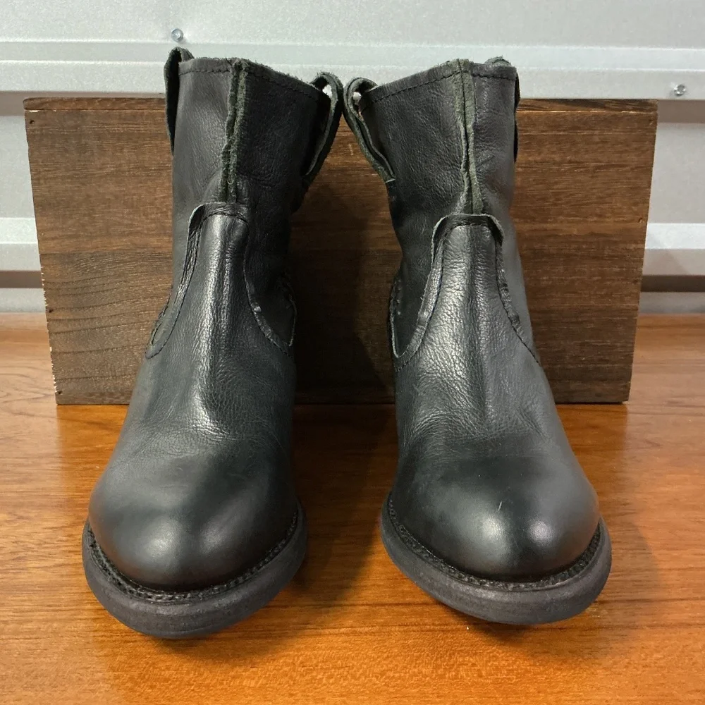 Frye Women Leslie Artisan Black Leather Boho Cowgirl Zip Ankle Boot Size 6.5